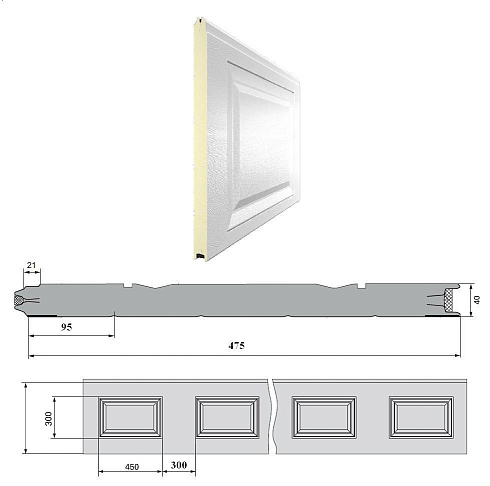 Панель «Филёнка» 475 мм шаг 300 мм Дерево/Стукко